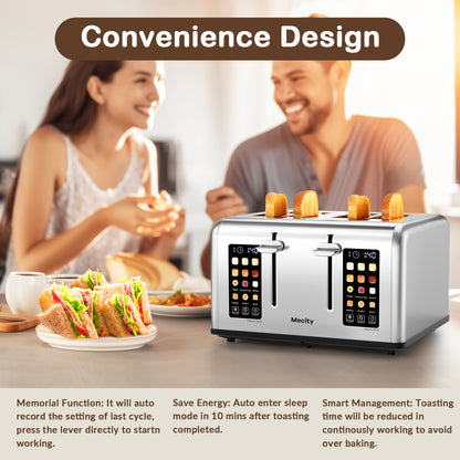 Mecity Touchscreen 4-Slice Toaster with Countdown Timer, Stainless Steel Bread Toaster, 6 Browning & 6 Shade Settings, 4 Wide Slots with Reheat, Cancel, and Defrost Functions, Removable Tray