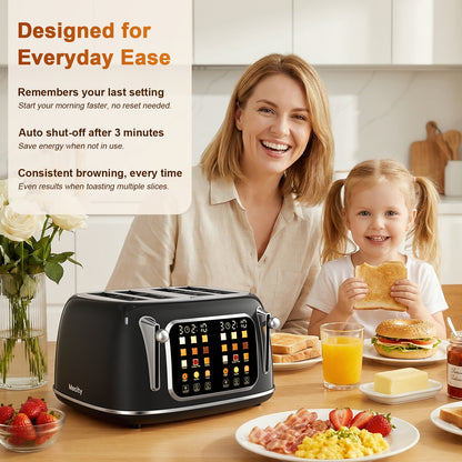 Mecity 4-Slice Touchscreen Toaster, Retro Stainless Steel Wide Slots Toaster, 6 Browning Settings, Large Digital Display, 120V 1650W, Black