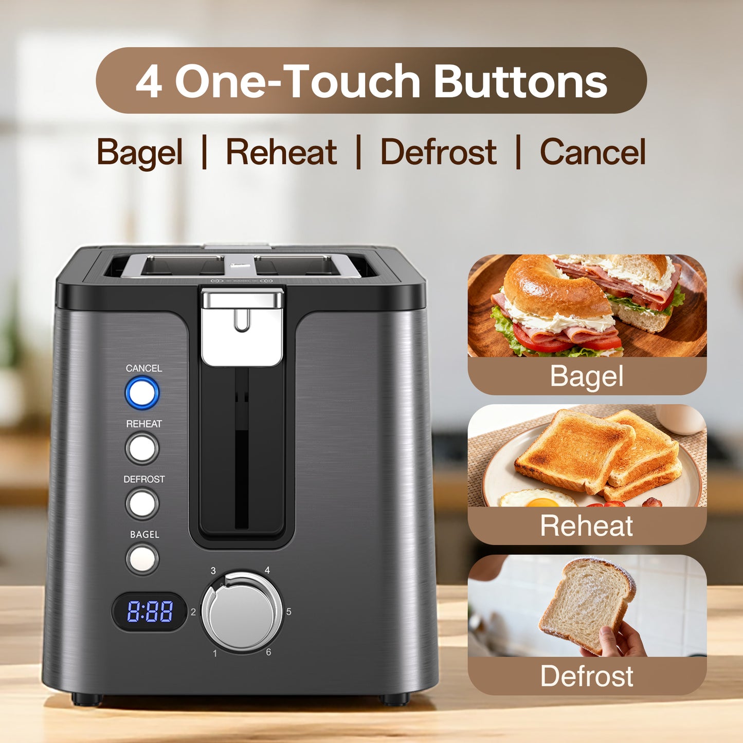 Mecity 2 Slice Stainless Steel Toaster with Countdown Timer, Bagel/Defrost/Reheat/Cancel, Warming Rack, Extra Wide Slots, 6 Browning Settings, Metallic Grey