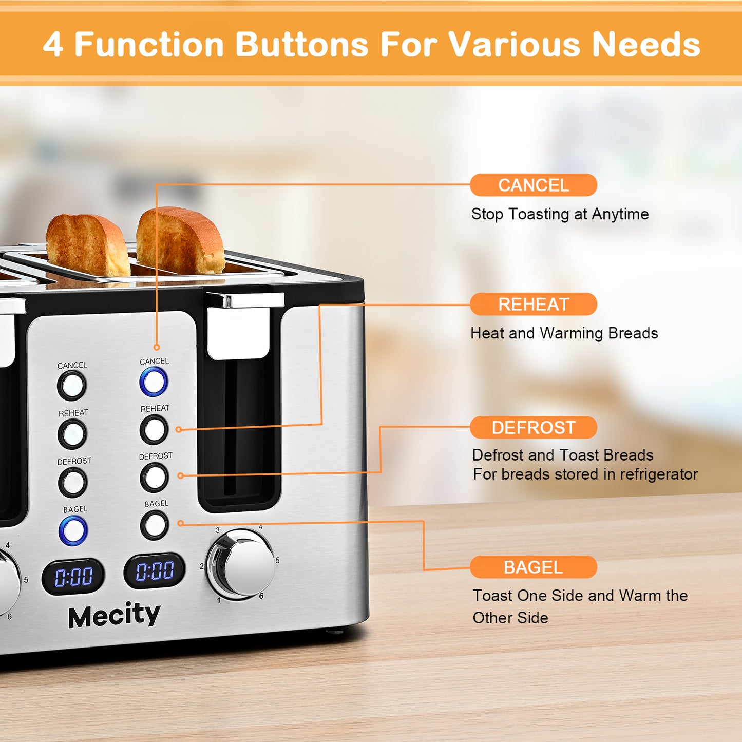 Mecity 4 Slice Toaster, Stainless Steel 4 Slot Toaster With Countdown Timer, Cool to Touch, Bagel / Defrost / Reheat / Cancel Functions,Warming Rack, Removable Crumb Tray, 6 Browning Settings, Extra Wide Slots,Bread Toaster 1500W