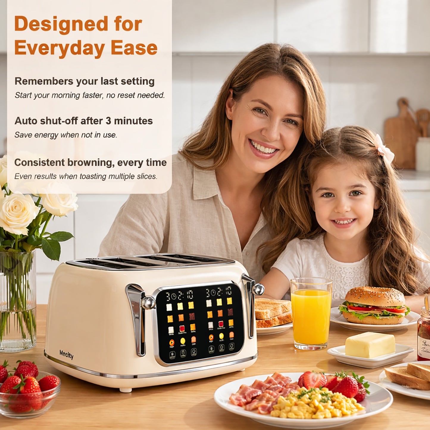 Mecity 4-Slice Touchscreen Toaster, Retro Stainless Steel Wide Slots Toaster, 6 Browning Settings, Large Digital Display, 120V 1650W, Cream Color