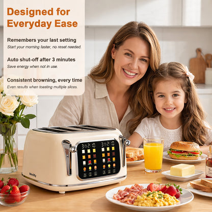 Mecity 4-Slice Touchscreen Toaster, Retro Stainless Steel Wide Slots Toaster, 6 Browning Settings, Large Digital Display, 120V 1650W, Cream Color