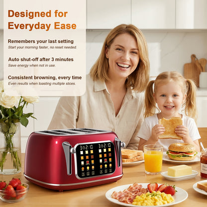 Mecity 4-Slice Touchscreen Toaster, Retro Stainless Steel Wide Slots Toaster, 6 Browning Settings, Large Digital Display, 120V 1650W, Red