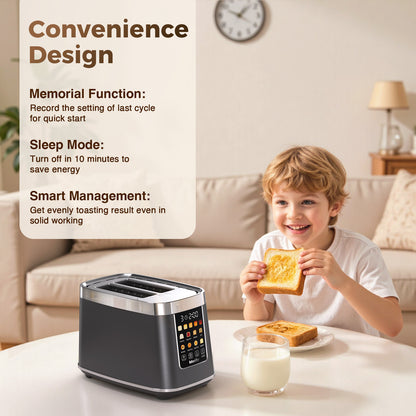 Mecity Touch Screen Toaster with Automatic Lift & Keep Warm – 2 Slice Smart Toaster, 5 Browning Levels, 8 Bread Programs, Luxury Stainless Steel Design, 1200W, Metallic Grey