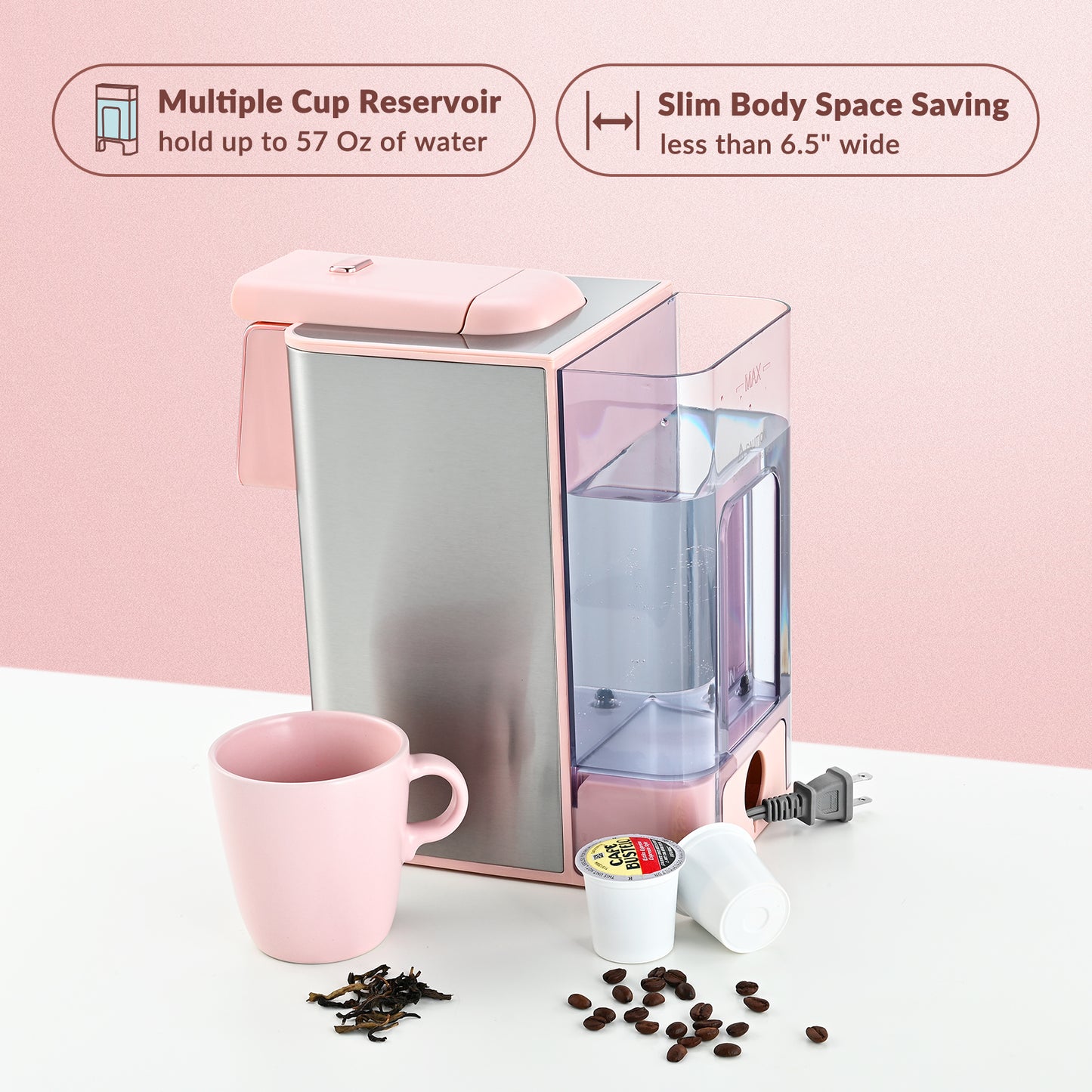 Mecity Pink Coffee Maker 3-in-1 Single Serve Coffee Machine, For K-Cup Coffee Capsule, Ground Coffee, Loose Tea, 6 to 10 Ounce Cup, Removable 50 Oz Water Reservoir, 120V 1150W