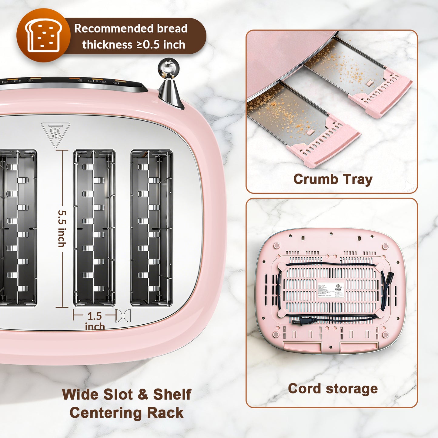 Mecity 4-Slice Touchscreen Toaster, Retro Stainless Steel Wide Slots Toaster, 6 Browning Settings, Large Digital Display, 120V 1650W, Pink