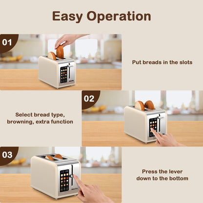 Mecity 2-Slice Touchscreen Toaster, Stainless Steel, Countdown Timer, 6 Shade Settings, Wide Slots, Reheat/Defrost/Cancel Functions, Removable Crumb Tray, White