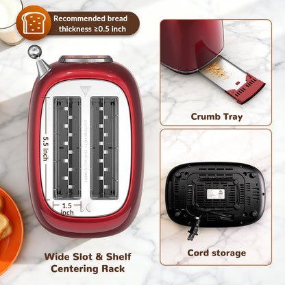 Mecity Toaster 2 Slice, Touch Screen Wide Slot Retro Toaster For Breads Bagel Muffin Waffle, House Warming Gift New Home, 120V 825W, Red