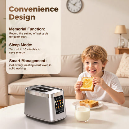 Mecity Touch Screen Toaster with Automatic Lift & Keep Warm – 2 Slice Smart Toaster, 5 Browning Levels, 8 Bread Programs, Luxury Stainless Steel Design, 1200W, Silver