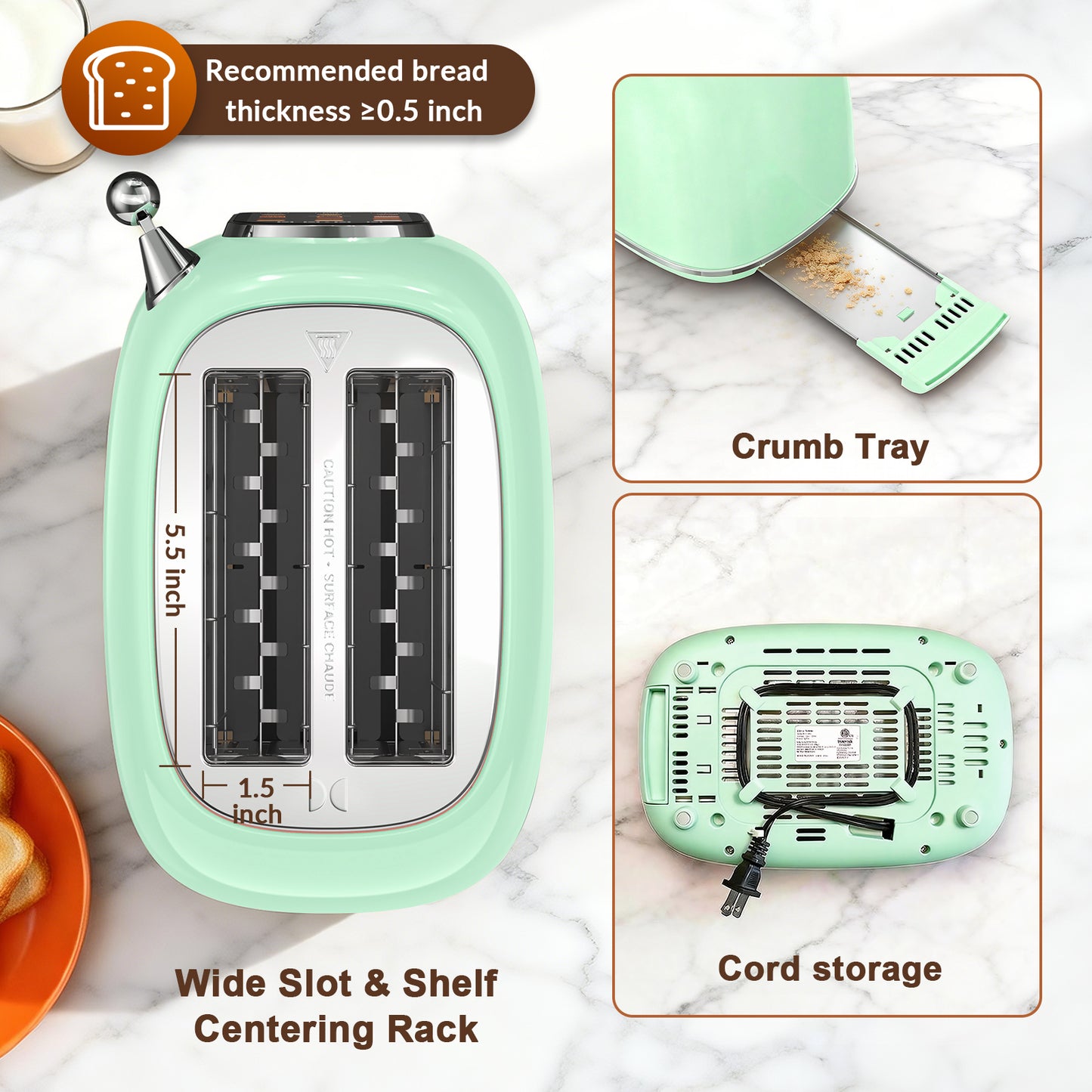 Mecity Smart Touch Screen Toaster 2 Slice, Retro Wide Slot Stainless Steel Toaster with 6 Browning Levels, Reheat & Defrost, for Bagel, Toast, Bread, Removable Crumb Tray, Green