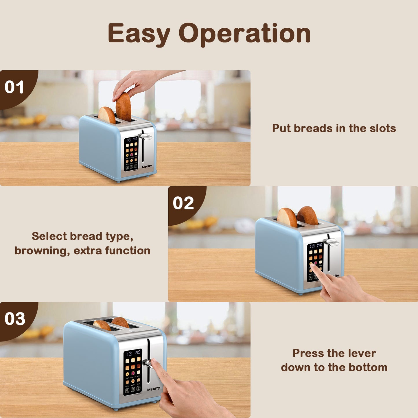 Mecity 2-Slice Touchscreen Toaster, Stainless Steel, Countdown Timer, 6 Shade Settings, Wide Slots, Reheat/Defrost/Cancel Functions, Removable Crumb Tray, Blue