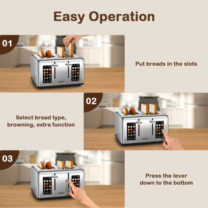 Mecity Touchscreen 4-Slice Toaster with Countdown Timer, Stainless Steel Bread Toaster, 6 Browning & 6 Shade Settings, 4 Wide Slots with Reheat, Cancel, and Defrost Functions, Removable Tray