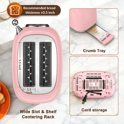 Mecity Smart Touch Screen Toaster 2 Slice, Retro Wide Slot Stainless Steel Toaster with 6 Browning Levels, Reheat & Defrost, for Bagel, Toast, Bread, Removable Crumb Tray, Pink