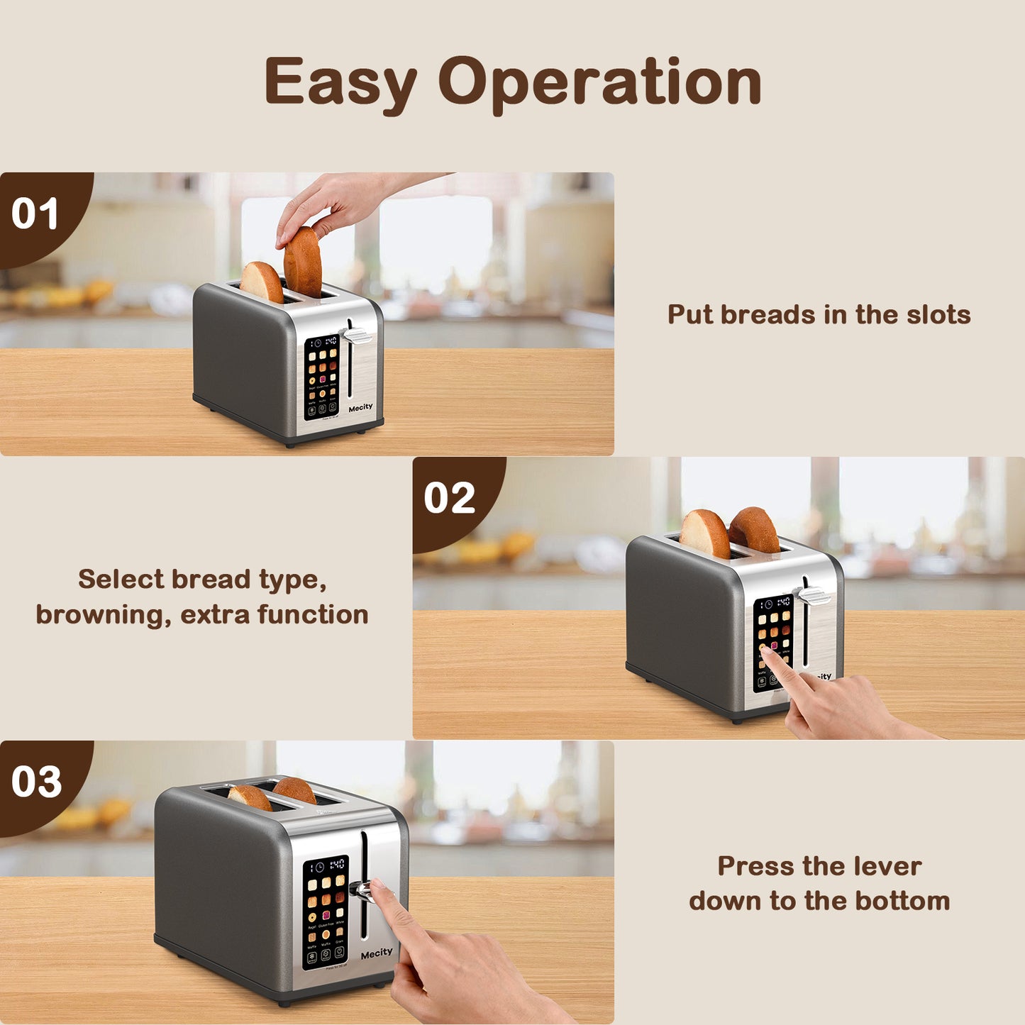 Mecity 2-Slice Touchscreen Toaster, Stainless Steel, Countdown Timer, 6 Shade Settings, Wide Slots, Reheat/Defrost/Cancel Functions, Removable Crumb Tray, Gray