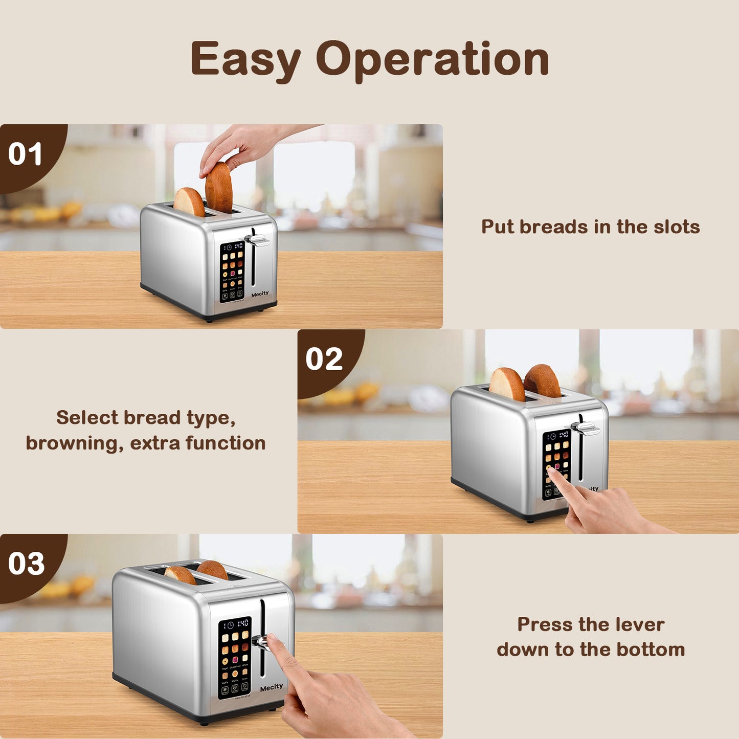 Mecity Touchscreen Toaster 2 Slice with Countdown Timer, Stainless Steel Bread Toaster, 6 Browning & 6 Shade Settings, 2 Wide Slots Toaster with Reheat, Cancel, Defrost Functions, Removable Tray