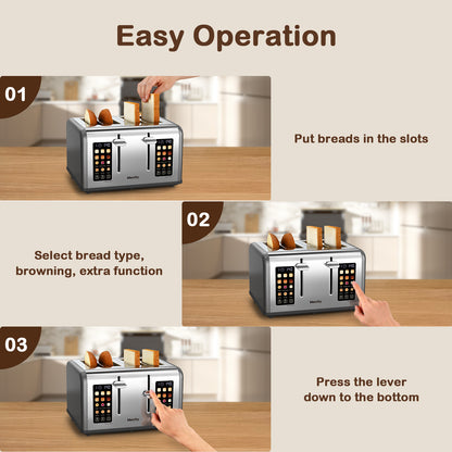 Mecity 4-Slice Touchscreen Toaster, Stainless Steel, Countdown Timer, 6 Browning & Shade Settings, 4 Wide Slots, Reheat/Cancel/Defrost Functions, Removable Crumb Tray, Gray
