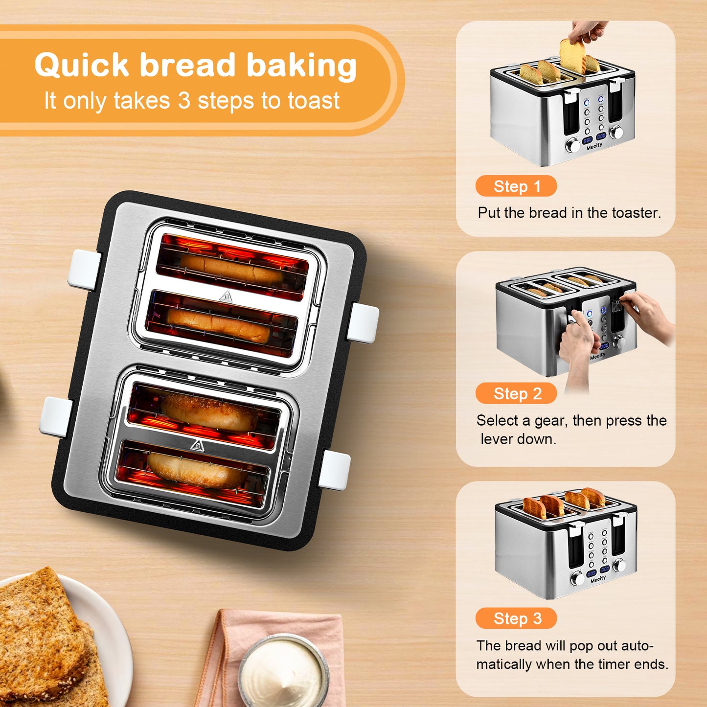 Mecity 4 Slice Toaster, Stainless Steel 4 Slot Toaster With Countdown Timer, Cool to Touch, Bagel / Defrost / Reheat / Cancel Functions,Warming Rack, Removable Crumb Tray, 6 Browning Settings, Extra Wide Slots,Bread Toaster 1500W