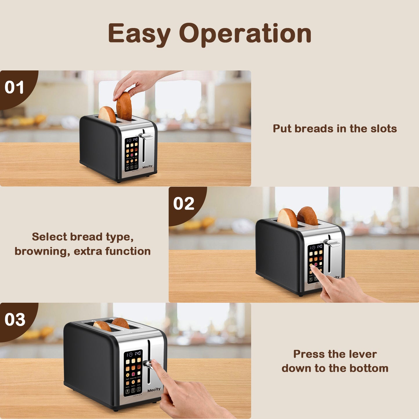 Mecity 2-Slice Touchscreen Toaster, Stainless Steel, Countdown Timer, 6 Shade Settings, Wide Slots, Reheat/Defrost/Cancel Functions, Removable Crumb Tray, Matte Black