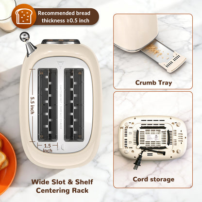 Mecity Toaster 2 Slice, Touch Screen Wide Slot Retro Toaster For Breads Bagel Muffin Waffle, House Warming Gift New Home, 120V 825W, Cream Color