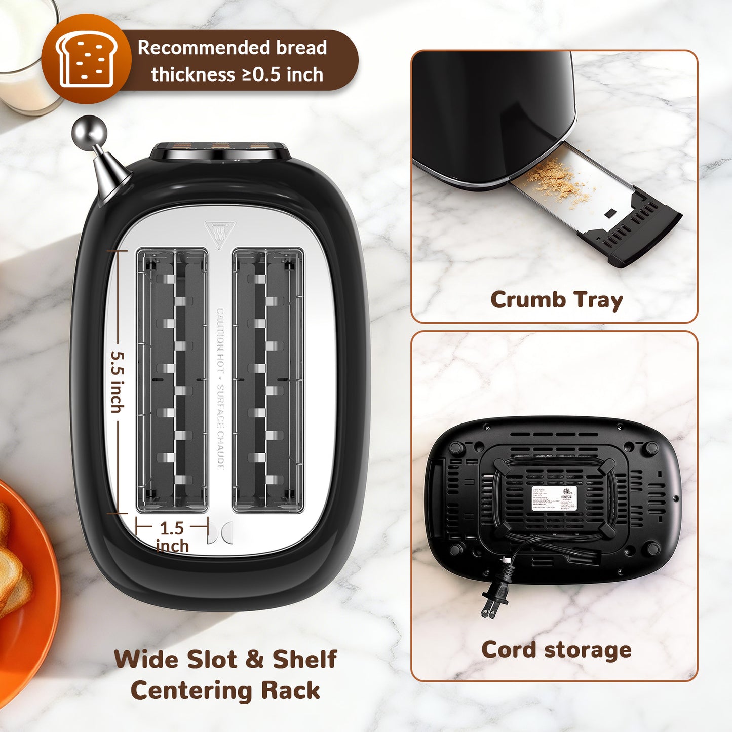 Mecity Toaster 2 Slice, Touch Screen Wide Slot Retro Toaster For Breads Bagel Muffin Waffle, House Warming Gift New Home, 120V 825W, Jet Black