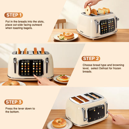Mecity 4-Slice Touchscreen Toaster, Retro Stainless Steel Wide Slots Toaster, 6 Browning Settings, Large Digital Display, 120V 1650W, Cream Color