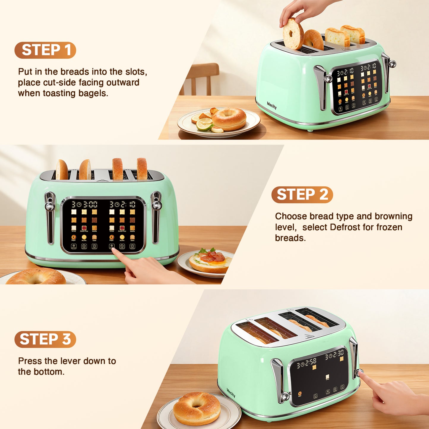 Mecity 4-Slice Touchscreen Toaster, Retro Stainless Steel Wide Slots Toaster, 6 Browning Settings, Large Digital Display, 120V 1650W, Light Green