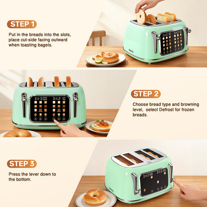 Mecity 4-Slice Touchscreen Toaster, Retro Stainless Steel Wide Slots Toaster, 6 Browning Settings, Large Digital Display, 120V 1650W, Light Green