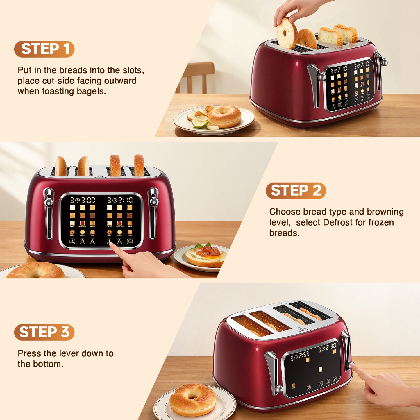 Mecity 4-Slice Touchscreen Toaster, Retro Stainless Steel Wide Slots Toaster, 6 Browning Settings, Large Digital Display, 120V 1650W, Red