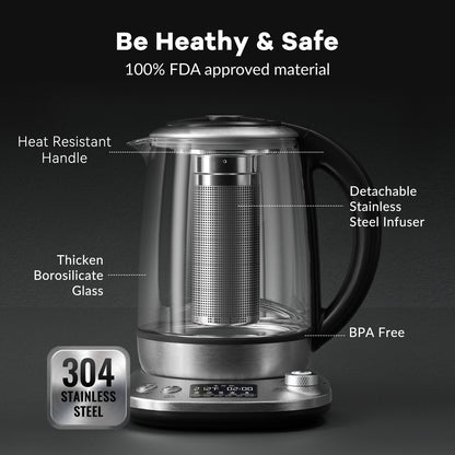 Mecity Tea Kettle Electric Tea Pot with Removable Infuser, 9 Preset Brewing Programs Tea Maker with Temprature Control, 2 Hours keep Warm, 1.7 Liter Electric Kettles, 1200W, Glass and Stainless Steel