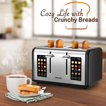 Mecity 4-Slice Touchscreen Toaster, Stainless Steel, Countdown Timer, 6 Browning & Shade Settings, 4 Wide Slots, Reheat/Cancel/Defrost Functions, Removable Crumb Tray, Matte Black