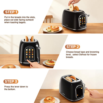 Mecity Toaster 2 Slice, Touch Screen Wide Slot Retro Toaster For Breads Bagel Muffin Waffle, House Warming Gift New Home, 120V 825W, Jet Black