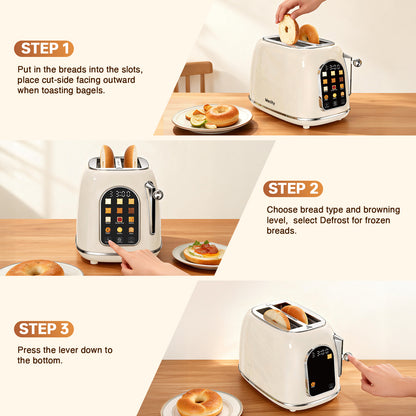 Mecity Toaster 2 Slice, Touch Screen Wide Slot Retro Toaster For Breads Bagel Muffin Waffle, House Warming Gift New Home, 120V 825W, Cream Color