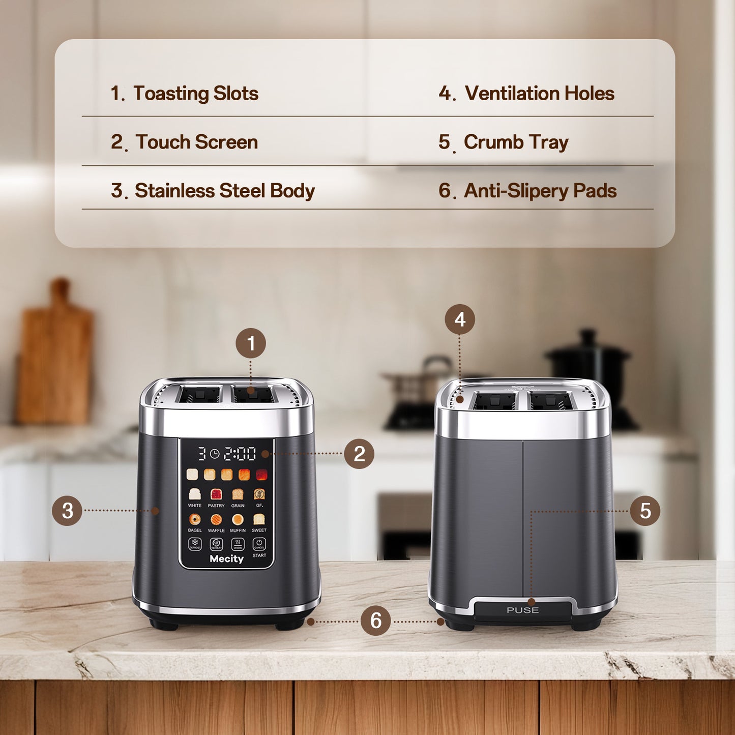 Mecity Touch Screen Toaster with Automatic Lift & Keep Warm – 2 Slice Smart Toaster, 5 Browning Levels, 8 Bread Programs, Luxury Stainless Steel Design, 1200W, Metallic Grey