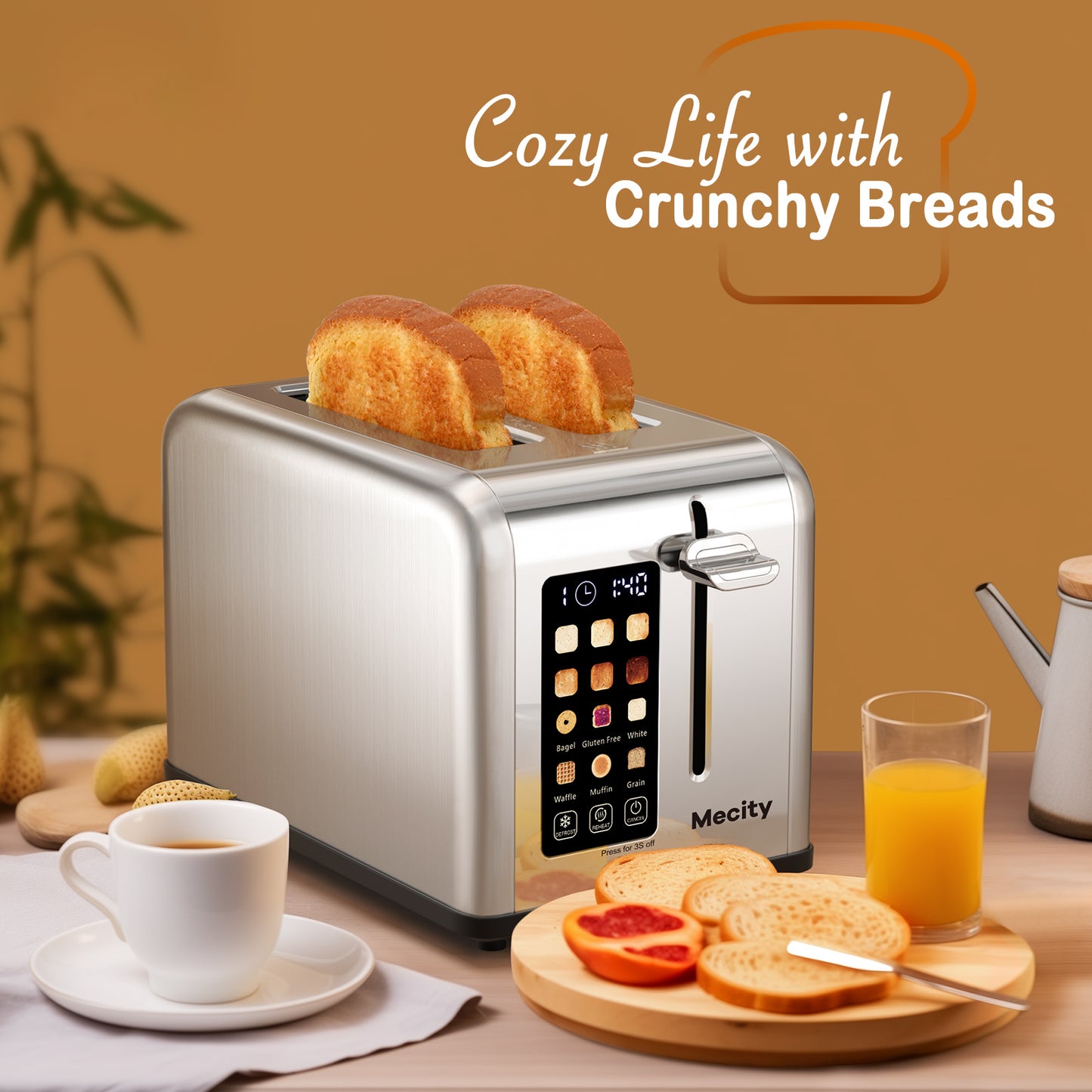 Mecity Touchscreen Toaster 2 Slice with Countdown Timer, Stainless Steel Bread Toaster, 6 Browning & 6 Shade Settings, 2 Wide Slots Toaster with Reheat, Cancel, Defrost Functions, Removable Tray