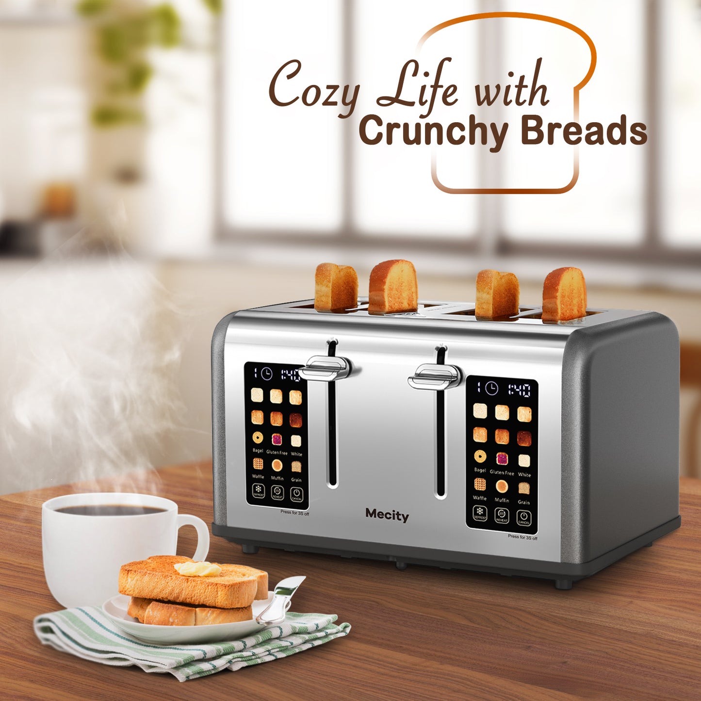 Mecity 4-Slice Touchscreen Toaster, Stainless Steel, Countdown Timer, 6 Browning & Shade Settings, 4 Wide Slots, Reheat/Cancel/Defrost Functions, Removable Crumb Tray, Gray