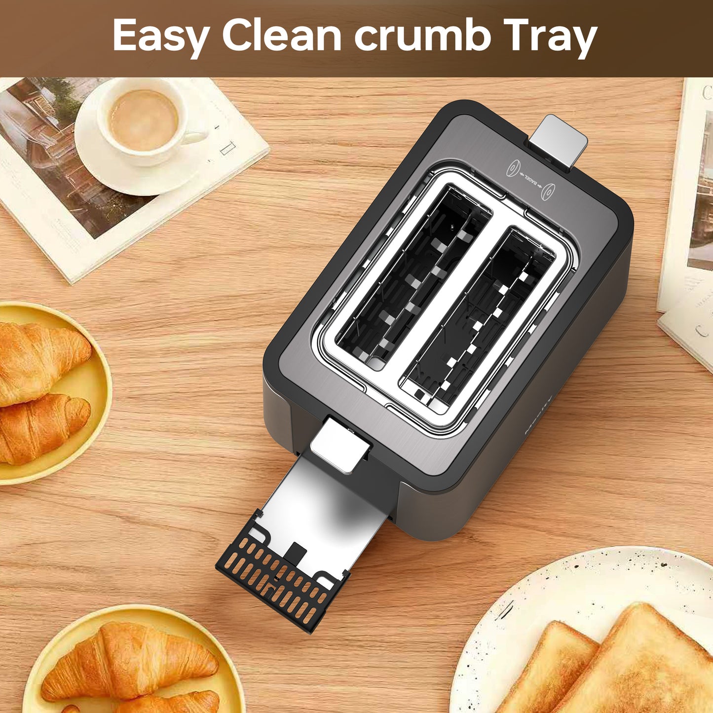 Mecity 2 Slice Stainless Steel Toaster with Countdown Timer, Bagel/Defrost/Reheat/Cancel, Warming Rack, Extra Wide Slots, 6 Browning Settings, Metallic Grey