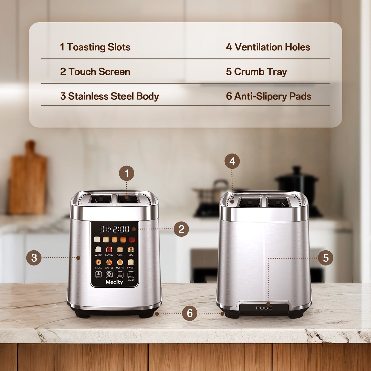 Mecity Touch Screen Toaster with Automatic Lift & Keep Warm – 2 Slice Smart Toaster, 5 Browning Levels, 8 Bread Programs, Luxury Stainless Steel Design, 1200W, Silver