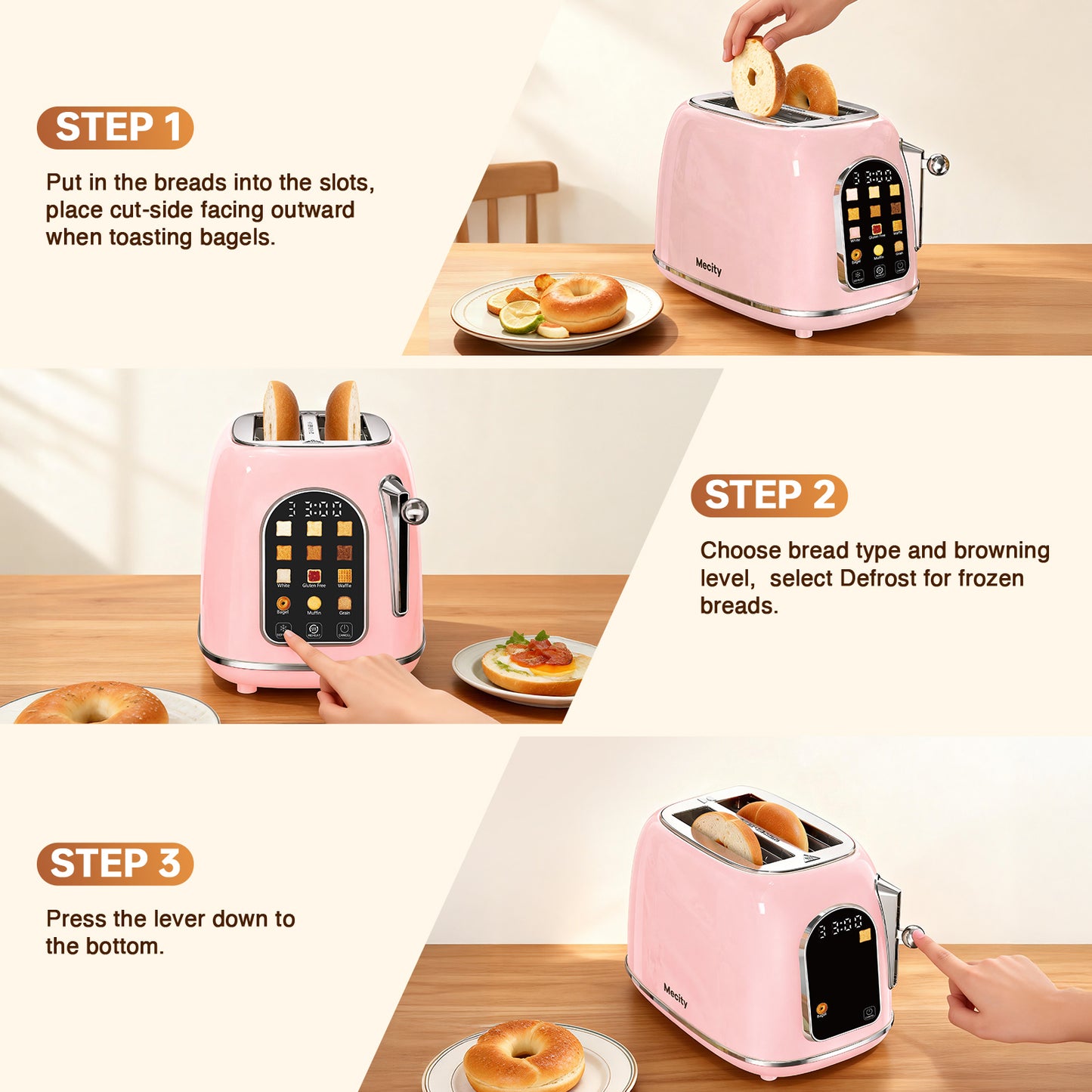 Mecity Smart Touch Screen Toaster 2 Slice, Retro Wide Slot Stainless Steel Toaster with 6 Browning Levels, Reheat & Defrost, for Bagel, Toast, Bread, Removable Crumb Tray, Pink
