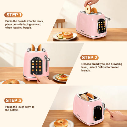 Mecity Smart Touch Screen Toaster 2 Slice, Retro Wide Slot Stainless Steel Toaster with 6 Browning Levels, Reheat & Defrost, for Bagel, Toast, Bread, Removable Crumb Tray, Pink