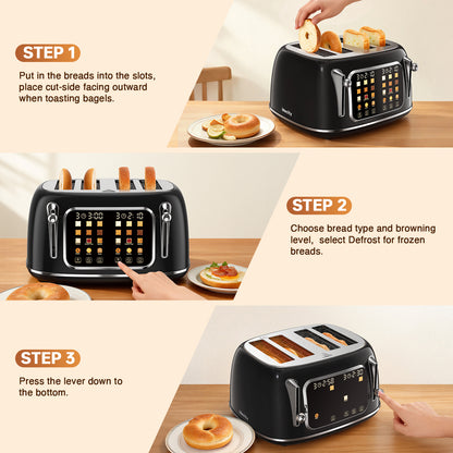 Mecity 4-Slice Touchscreen Toaster, Retro Stainless Steel Wide Slots Toaster, 6 Browning Settings, Large Digital Display, 120V 1650W, Black