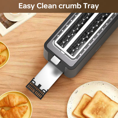 Mecity 4 Slice Long Slot Toaster with Countdown Timer, Bagel/Defrost/Reheat, Warming Rack, 6 Browning Levels, Metallic Grey