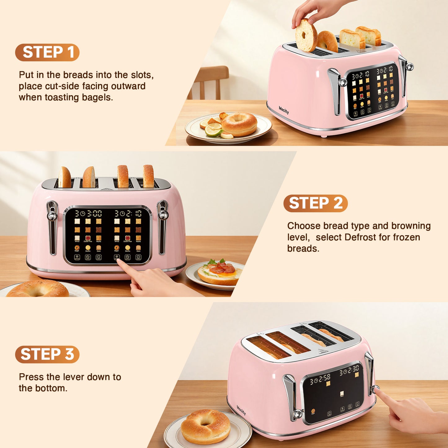 Mecity 4-Slice Touchscreen Toaster, Retro Stainless Steel Wide Slots Toaster, 6 Browning Settings, Large Digital Display, 120V 1650W, Pink