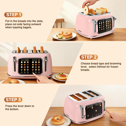 Mecity 4-Slice Touchscreen Toaster, Retro Stainless Steel Wide Slots Toaster, 6 Browning Settings, Large Digital Display, 120V 1650W, Pink