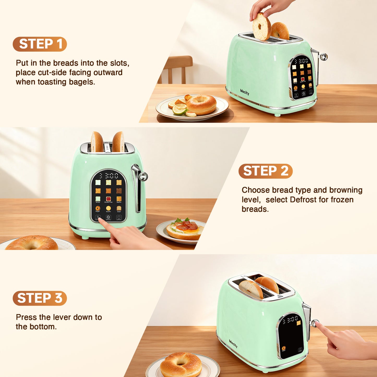 Mecity Smart Touch Screen Toaster 2 Slice, Retro Wide Slot Stainless Steel Toaster with 6 Browning Levels, Reheat & Defrost, for Bagel, Toast, Bread, Removable Crumb Tray, Green