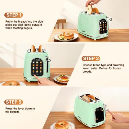 Mecity Smart Touch Screen Toaster 2 Slice, Retro Wide Slot Stainless Steel Toaster with 6 Browning Levels, Reheat & Defrost, for Bagel, Toast, Bread, Removable Crumb Tray, Green