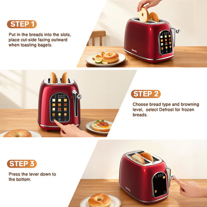 Mecity Toaster 2 Slice, Touch Screen Wide Slot Retro Toaster For Breads Bagel Muffin Waffle, House Warming Gift New Home, 120V 825W, Red