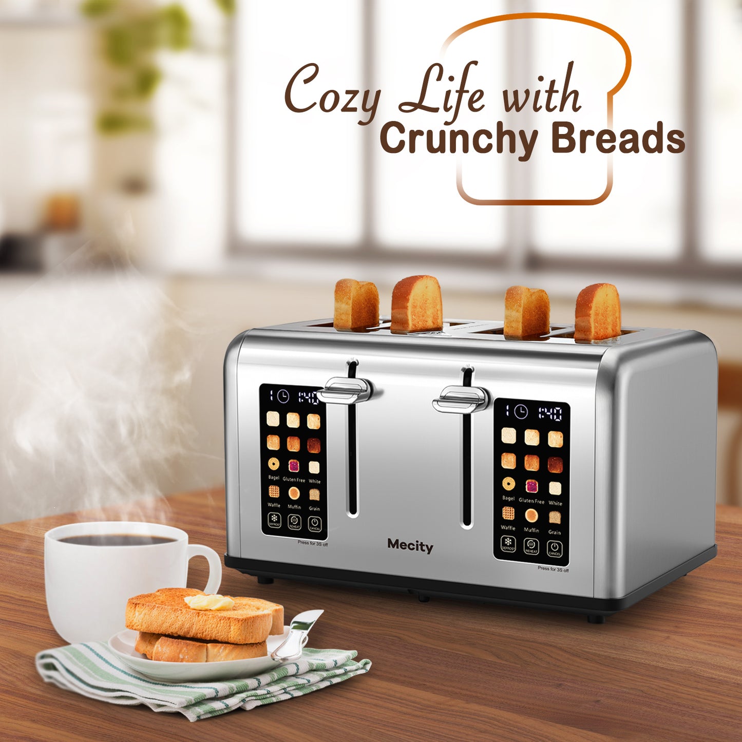 Mecity Touchscreen 4-Slice Toaster with Countdown Timer, Stainless Steel Bread Toaster, 6 Browning & 6 Shade Settings, 4 Wide Slots with Reheat, Cancel, and Defrost Functions, Removable Tray