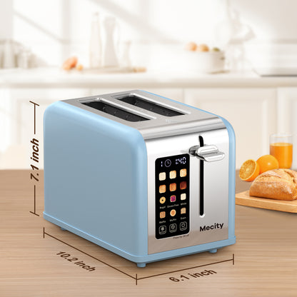 Mecity 2-Slice Touchscreen Toaster, Stainless Steel, Countdown Timer, 6 Shade Settings, Wide Slots, Reheat/Defrost/Cancel Functions, Removable Crumb Tray, Blue