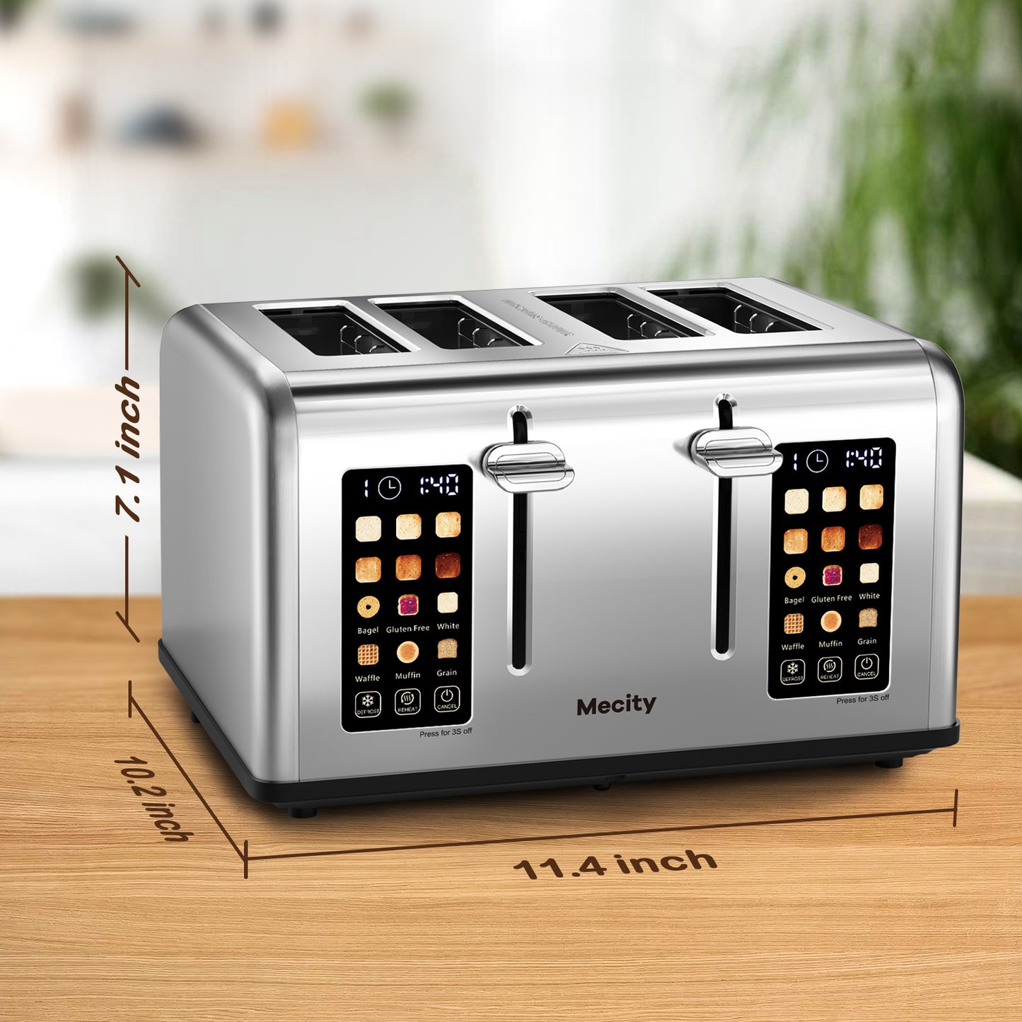 Mecity Touchscreen 4-Slice Toaster with Countdown Timer, Stainless Steel Bread Toaster, 6 Browning & 6 Shade Settings, 4 Wide Slots with Reheat, Cancel, and Defrost Functions, Removable Tray