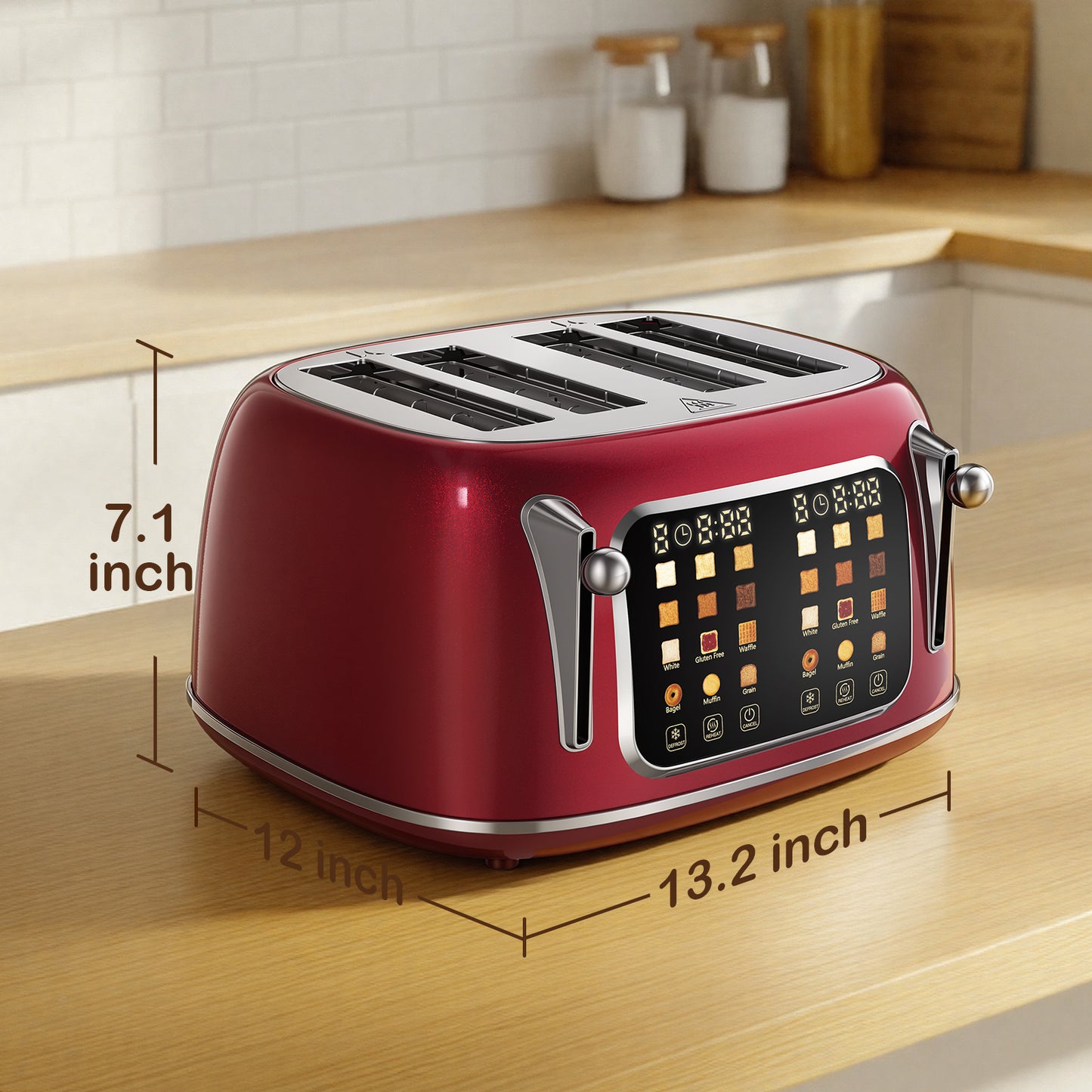 Mecity 4-Slice Touchscreen Toaster, Retro Stainless Steel Wide Slots Toaster, 6 Browning Settings, Large Digital Display, 120V 1650W, Red